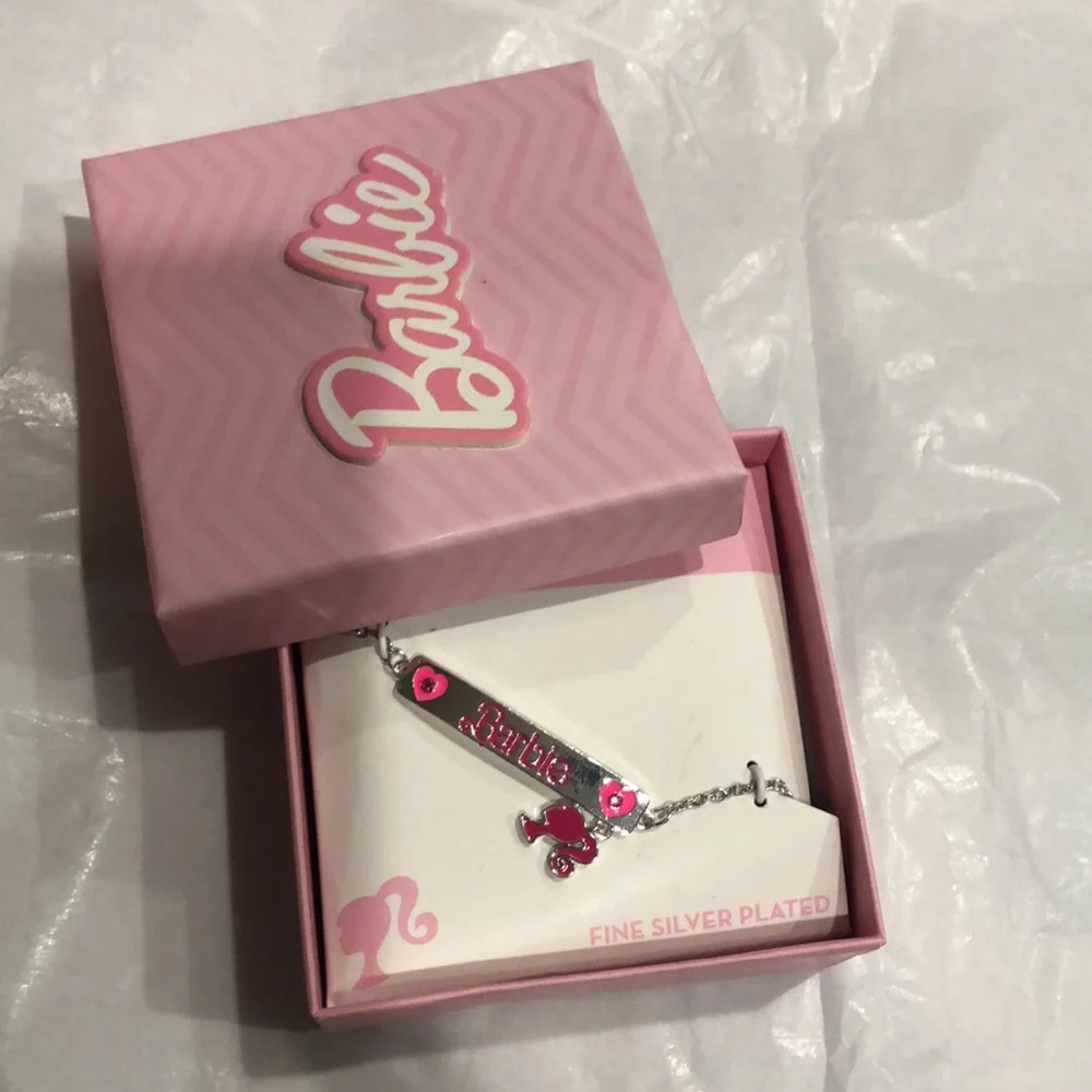 Barbie fine silver plated Barbie charm pink heart printed bar bracelet new‎